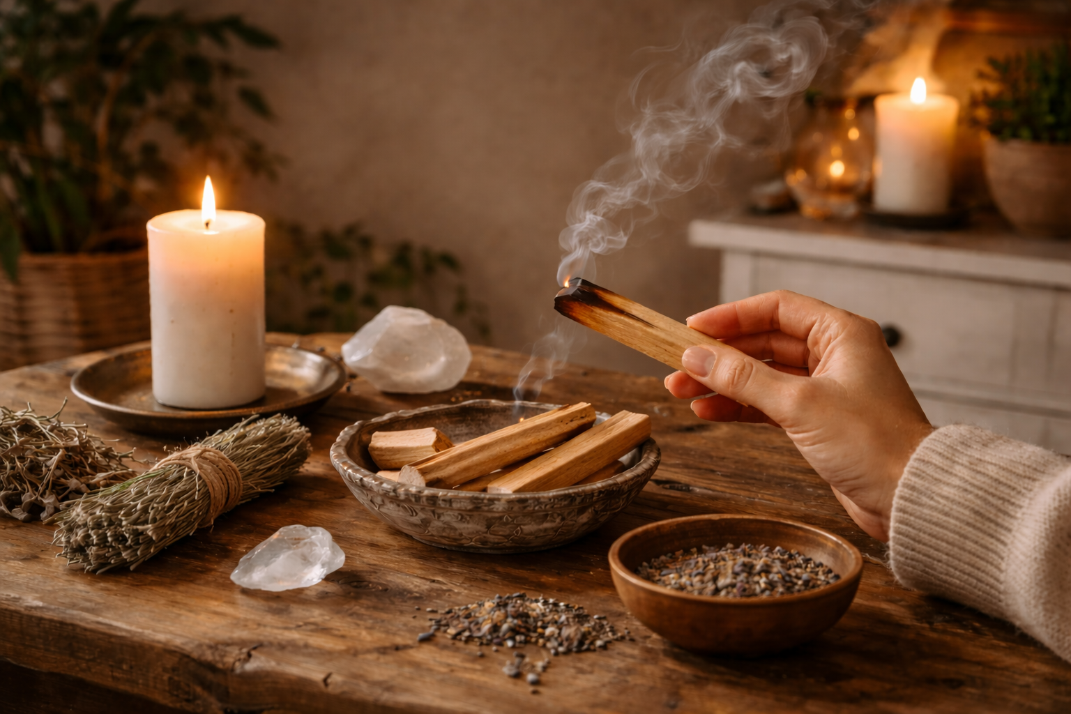 A hand holding a burning stick of Palo Santo. A bowl of Palo Santo is on a table surrounded by a ssage stick and a candle.