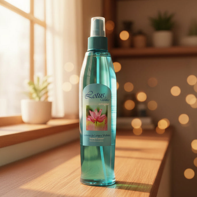A turquoise spray bottle of Lotus Sabor cologne with a pink lotus flower graphic on the label, set against a plain light gray background.
