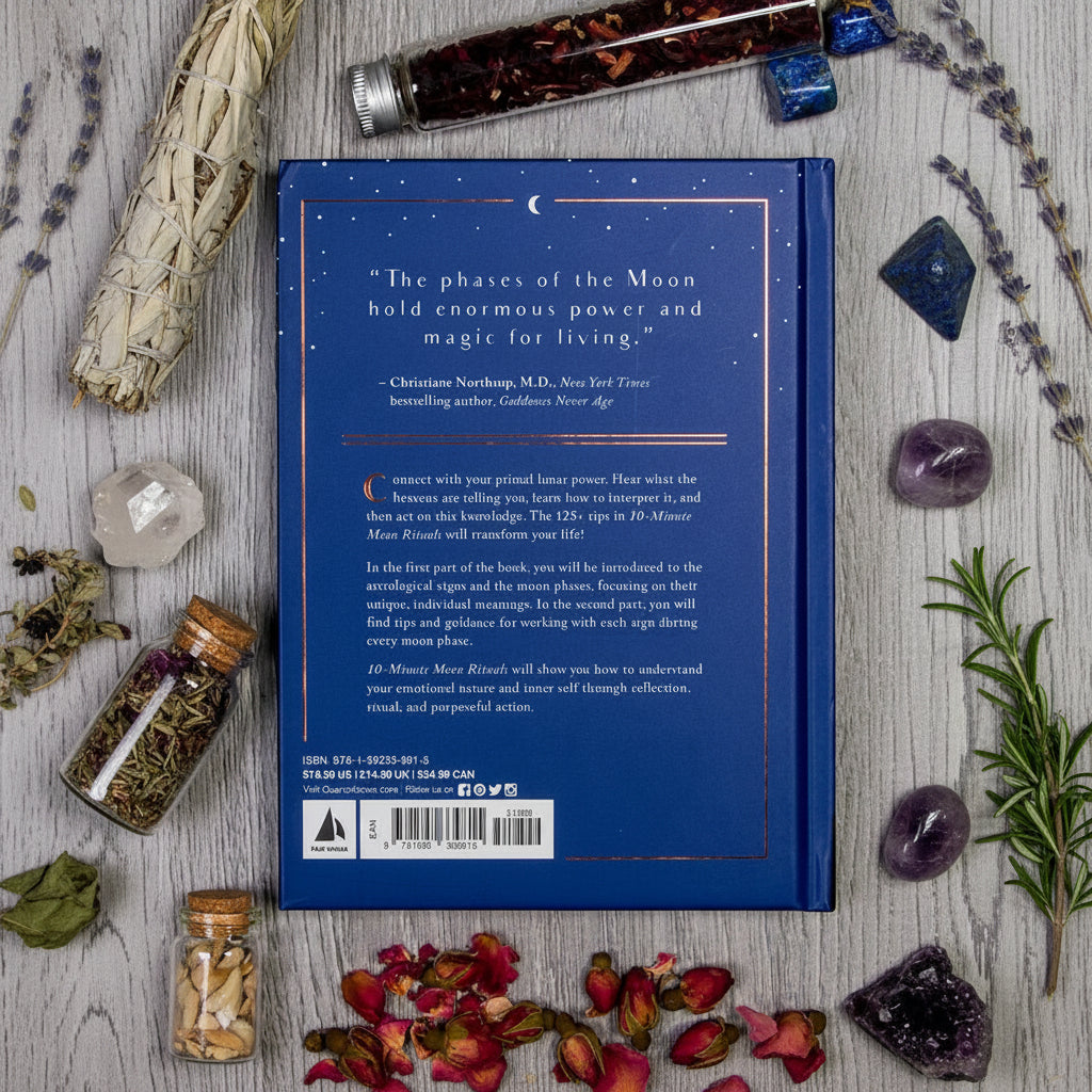 Book back cover with text and decorative elements on a wooden surface