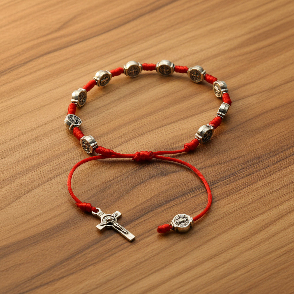 Red bracelet with silver beads and a cross on a white background