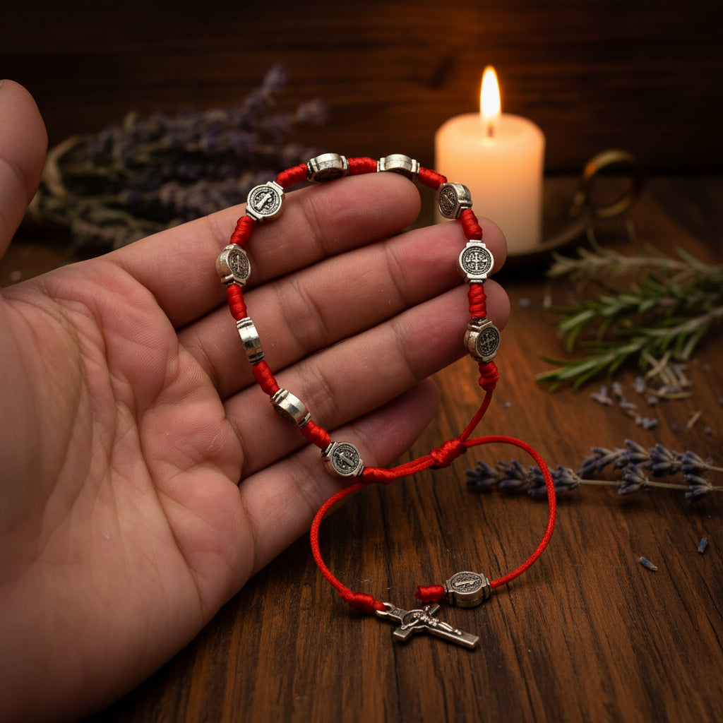 Red rosary bracelet with silver beads and cross held in a hand on a white background