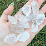 A hand holding multiple raw, rough translucent crystal points over a green grass background. The crystals are clear and semi-translucent.