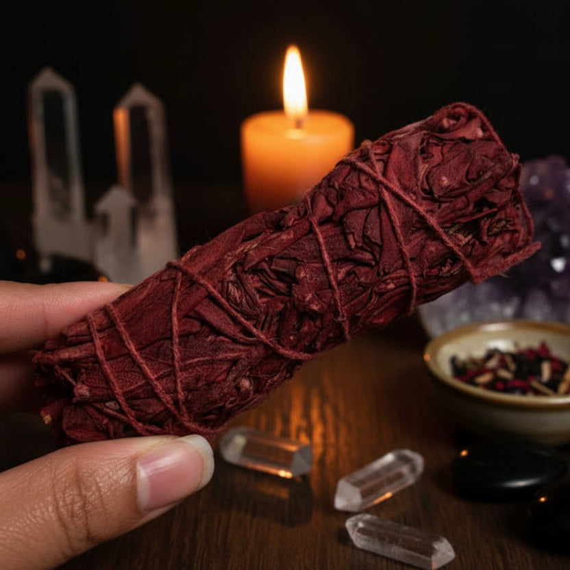 Red incense stick held by a hand on a wooden block with a geometric pattern in the background