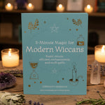 Book titled '5-Minute Magic for Modern Wiccans' by Cerridwen Greenleaf on a shelf.