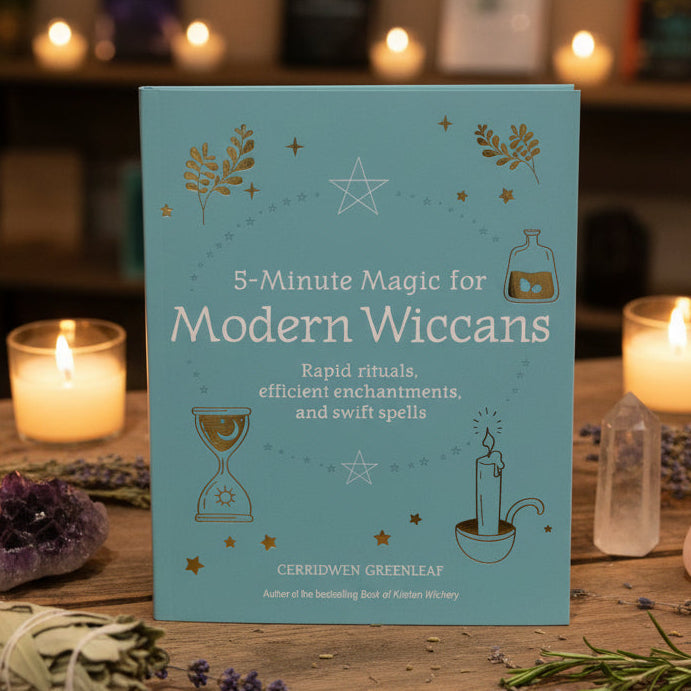 Book titled '5-Minute Magic for Modern Wiccans' by Cerridwen Greenleaf on a shelf.