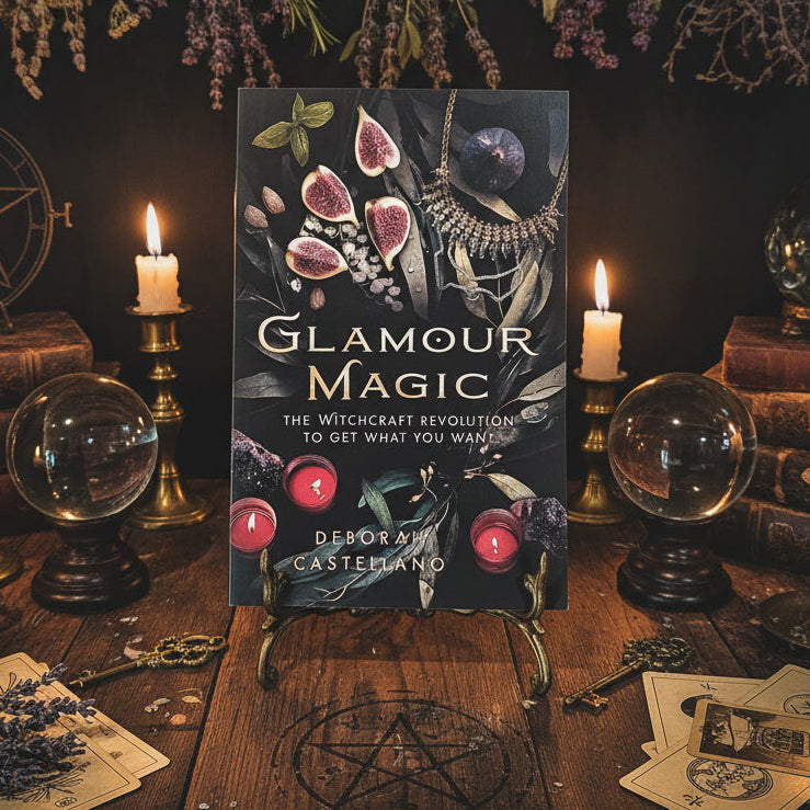 Book titled 'Glamour Magic' by Deborah Castellano with decorative elements on a dark background.