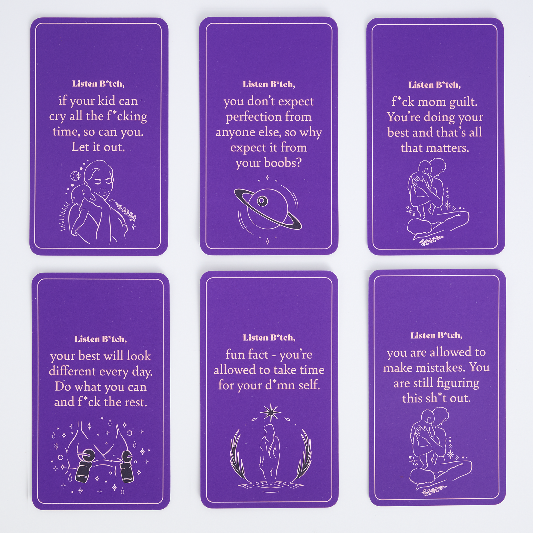 different inspirational cards on a white background.