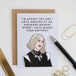 Greeting card with illustration and text on a white background with office supplies.