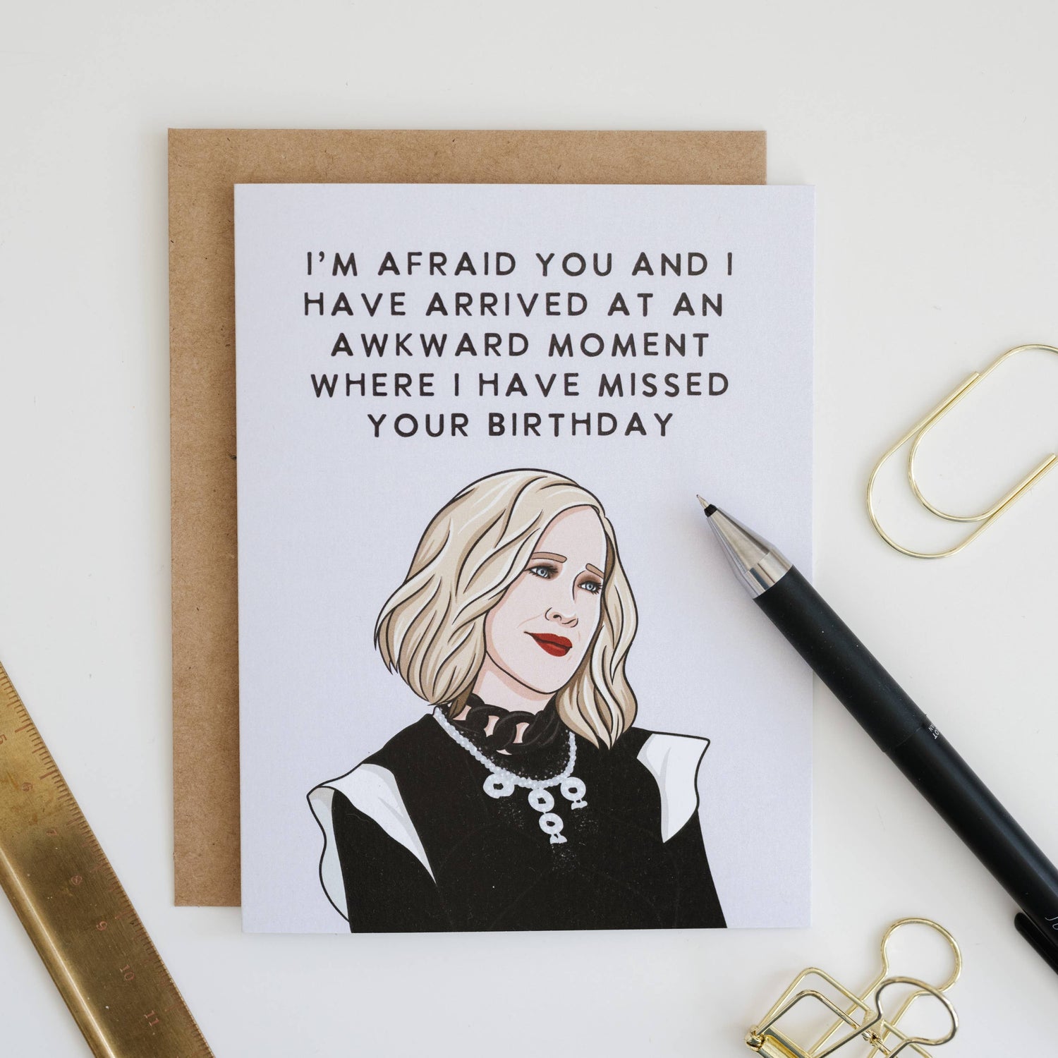 Greeting card with illustration and text on a white background with office supplies.