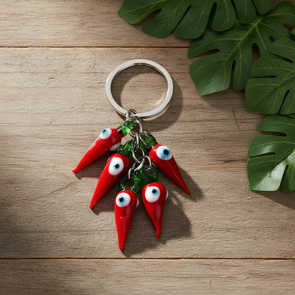Keychain with red chili pepper design on a white background