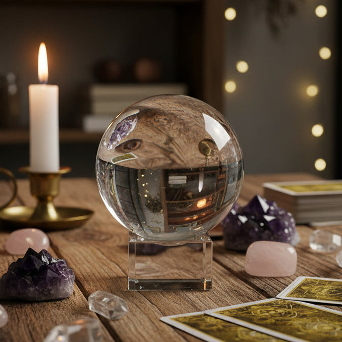 Clear crystal sphere on a stand against a white background