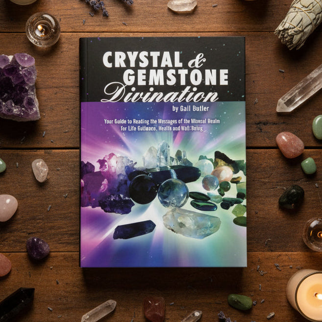 Book cover of 'Crystal & Gemstone Divination' with crystals and gemstones on a colorful background.