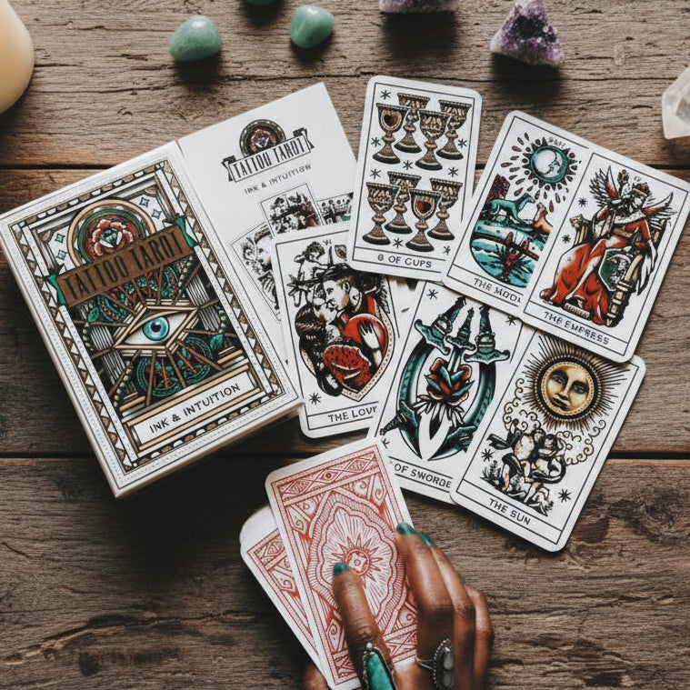 Collection of tarot cards on a white surface with a hand holding a card.