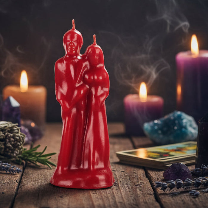 Red candle shaped like a couple holding hands on a white background