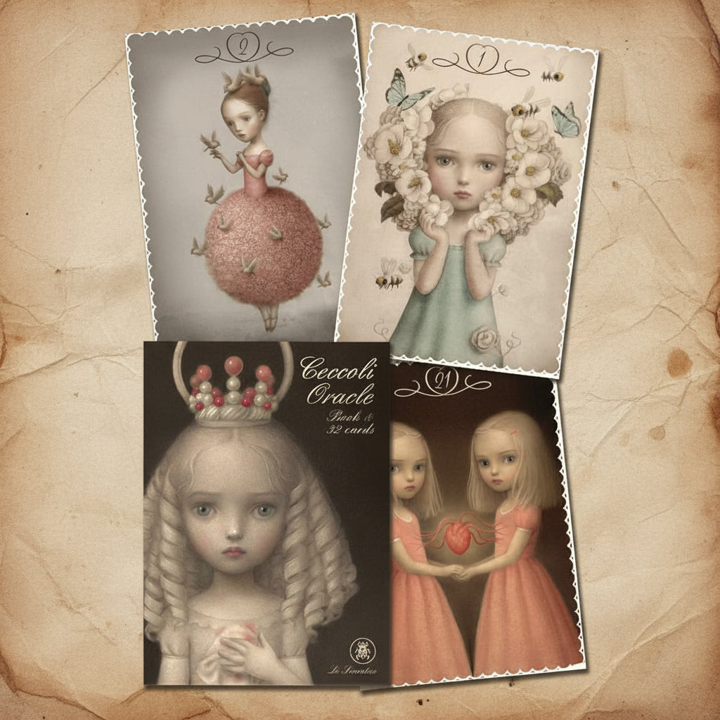 Collage of four stylized illustrations of girls on a decorative background.