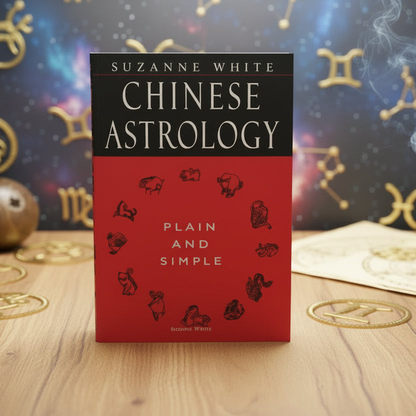 Book cover of 'Chinese Astrology Plain and Simple' by Suzanne White with astrological symbols on a red background.