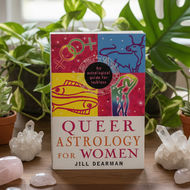 Book cover of 'Queer Astrology for Women' with astrological symbols and colorful design.