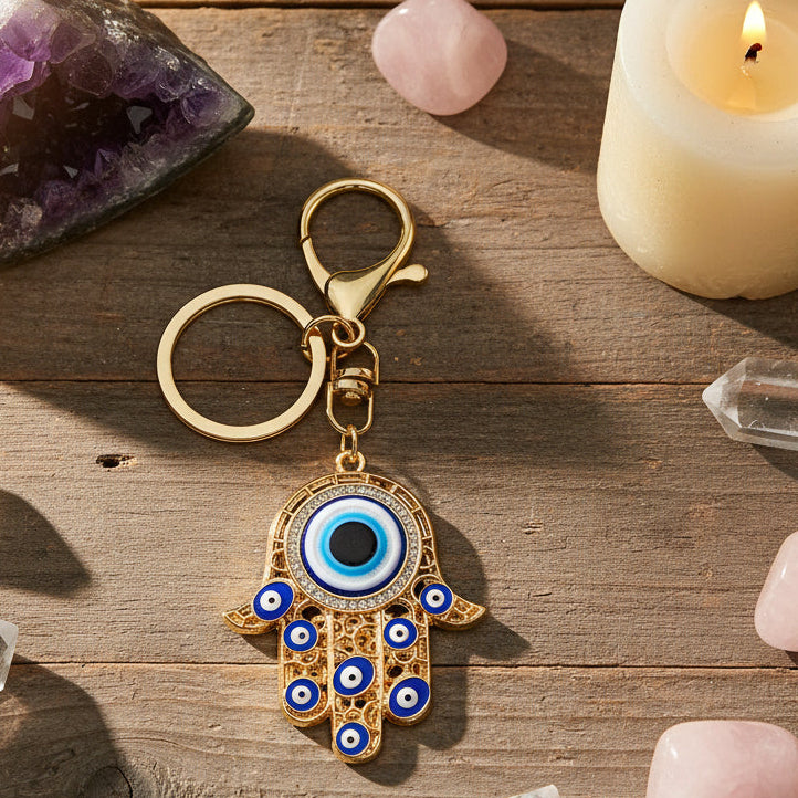 Keychain with Hamsa hand design featuring an evil eye on a white background