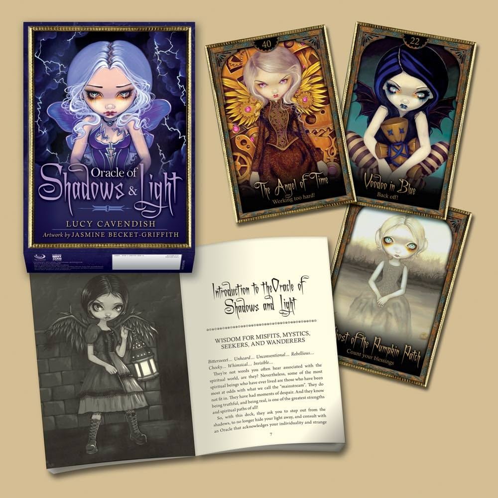 Card game set with character cards and a box titled 'Oracle of Shadows & Light' on a beige background.