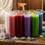 Colorful candles in glass jars on a wooden table with a cozy background.