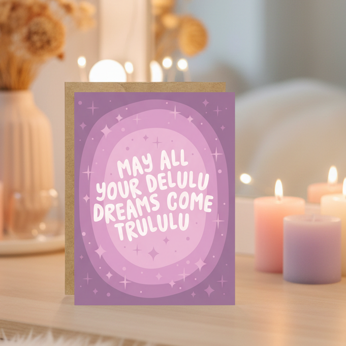 Greeting card with purple design and text on a white background