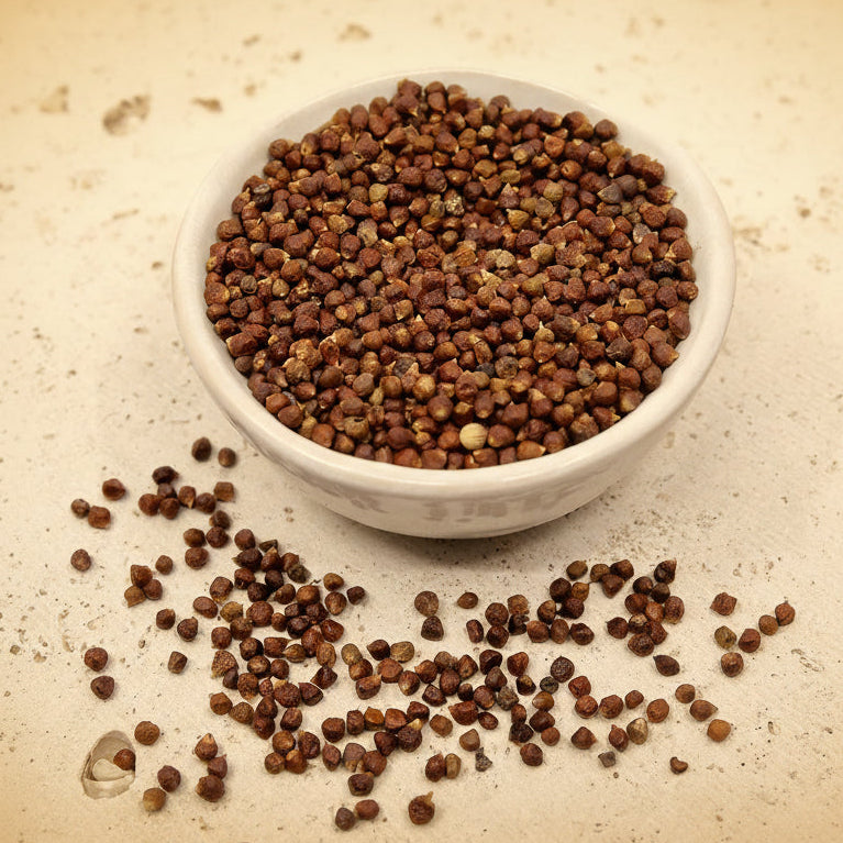 White bowl filled with dried seeds on a textured surface