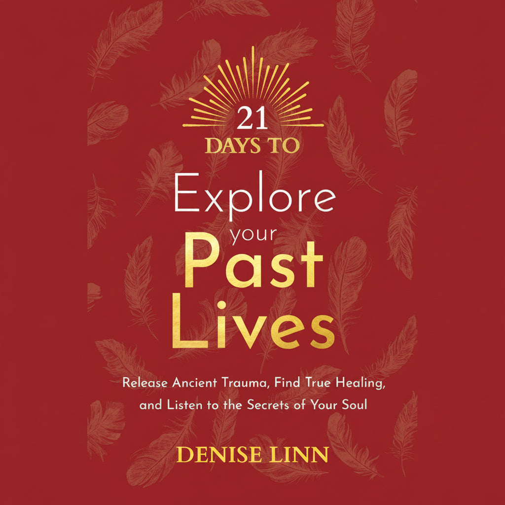 Book cover of '21 Days to Explore Your Past Lives' by Denise Linn on a red background with feather designs.
