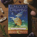 Book cover of 'Conscious Dreaming' by Robert Moss with a stylized illustration of a bird and person合一