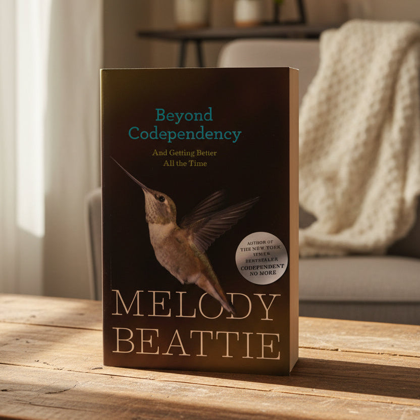 Book cover of 'Beyond Codependency' by Melody Beattie with a hummingbird illustration on a dark background.