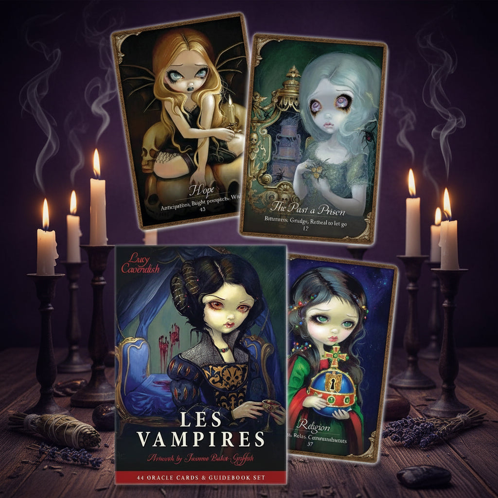 Les Vampires oracle card deck box set with three illustrated cards displayed above it on a white background. The box art shows a gothic vampire woman in dark clothing with the title 'LES VAMPIRES' and '24 ORACLE CARDS & GUIDEBOOK SET'.