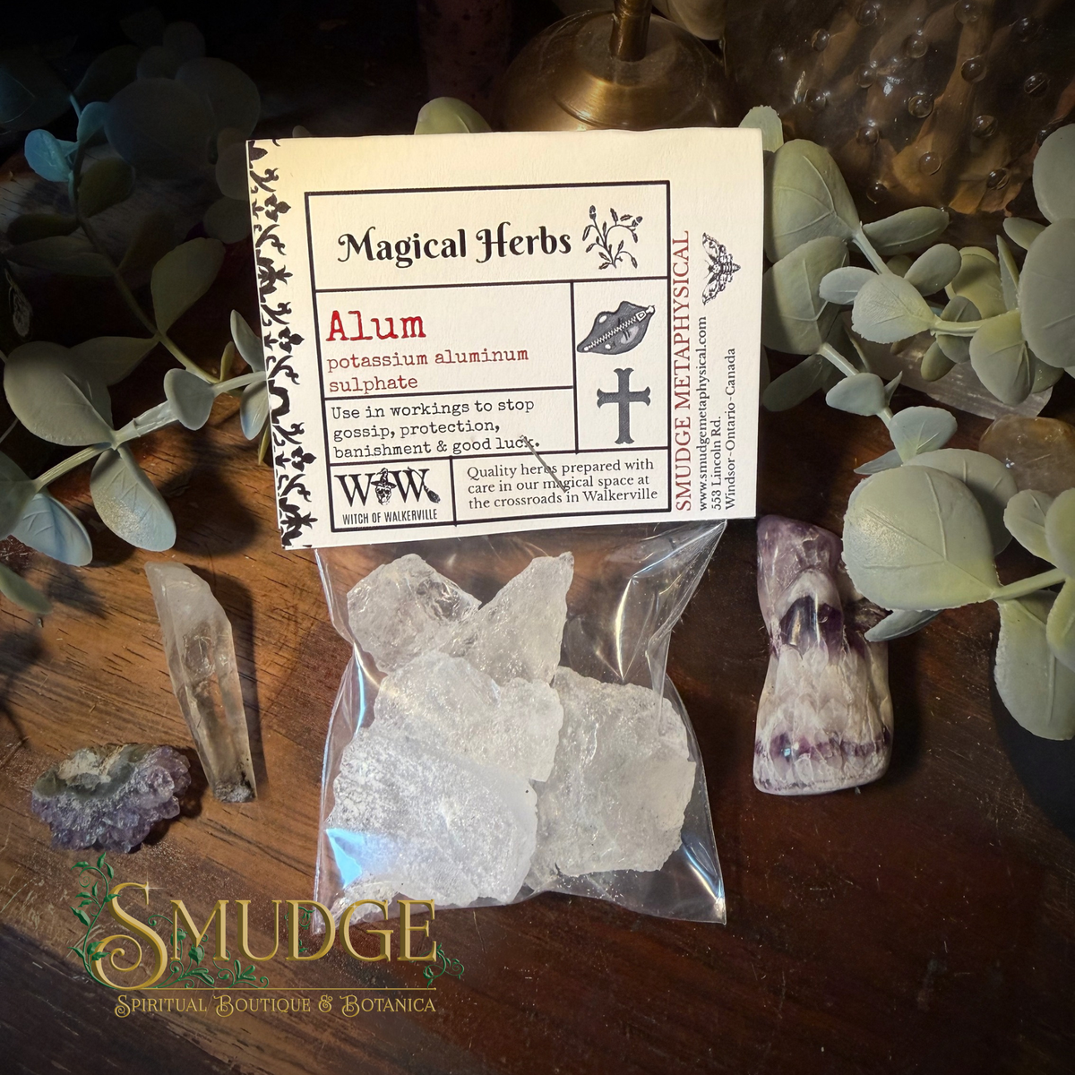 A bag of Alum potassium aluminum sulphate in a bag on a wooden table.