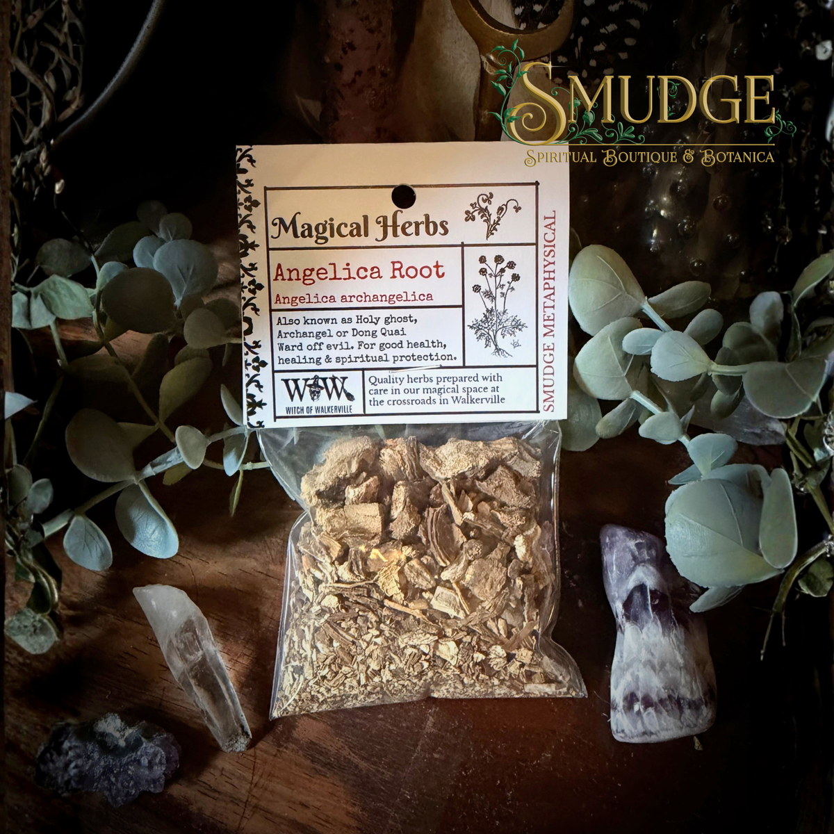 a package of angelica root in a botanical background from Smudge Metaphysical.