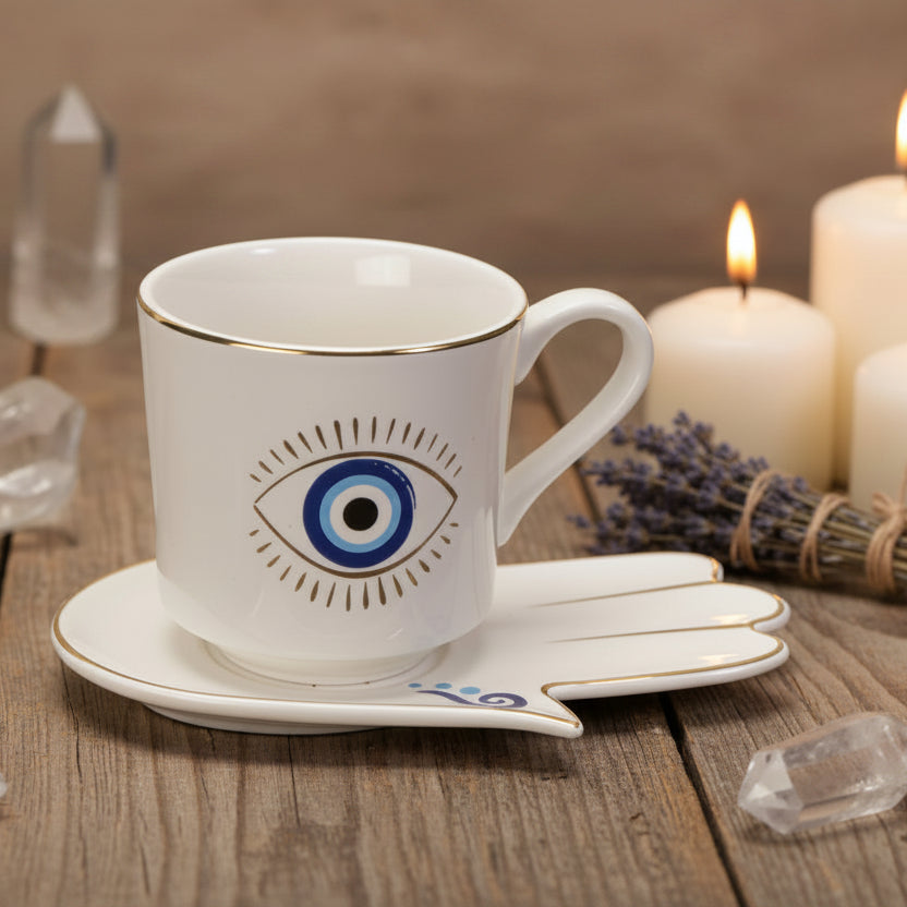 Ceramic cup and saucer with eye design on a white background