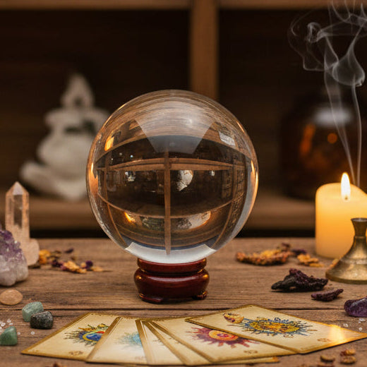 Crystal ball, candle, and smudge stick on a table with a purple cloth against a starry night sky.