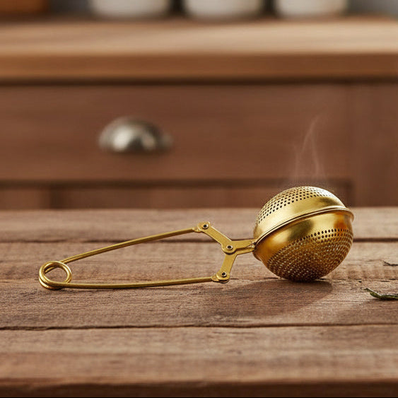 Gold tea infuser with a glass container filled with tea on a white background