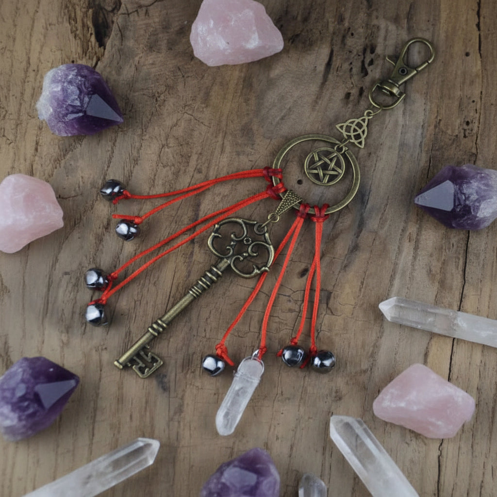 Decorative keychain with a key, beads, and a crystal on a wooden surface