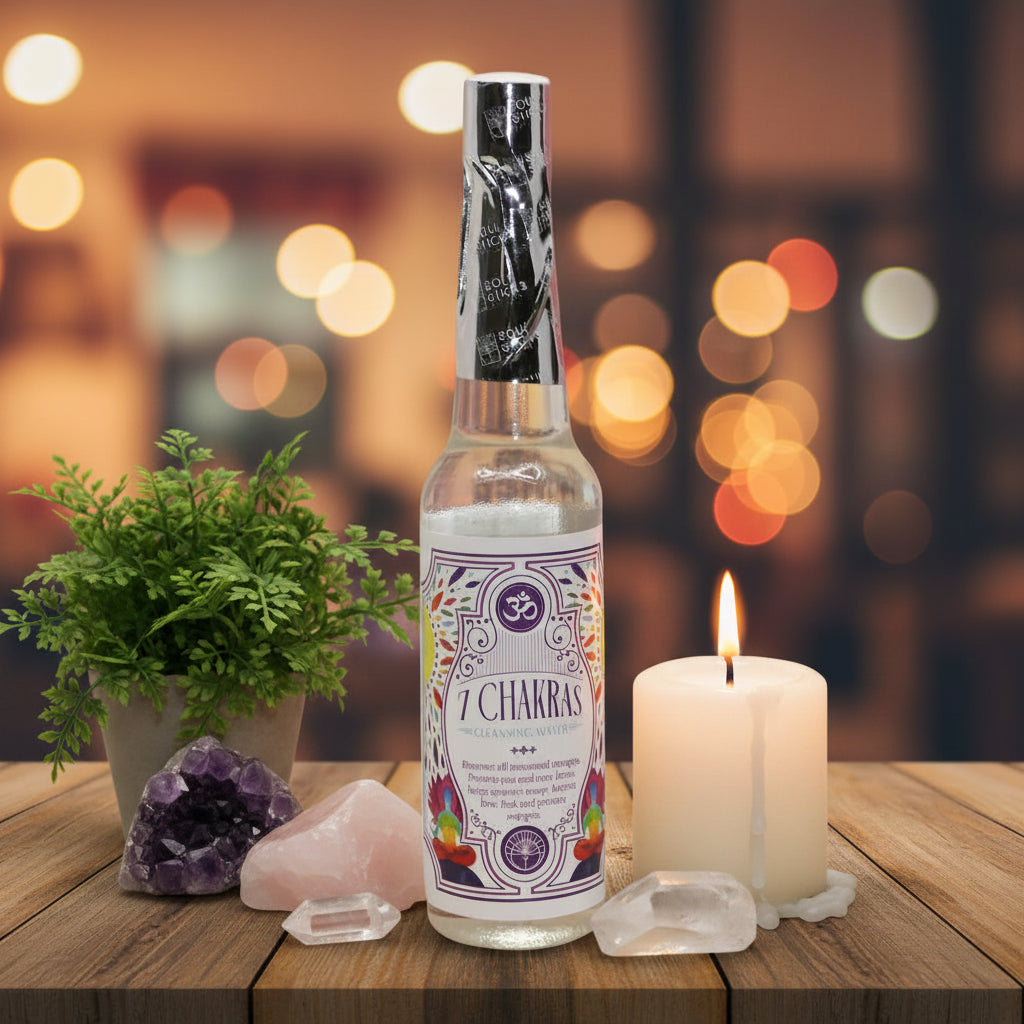 Bottle of 7 Chakras with a colorful label on a gradient background