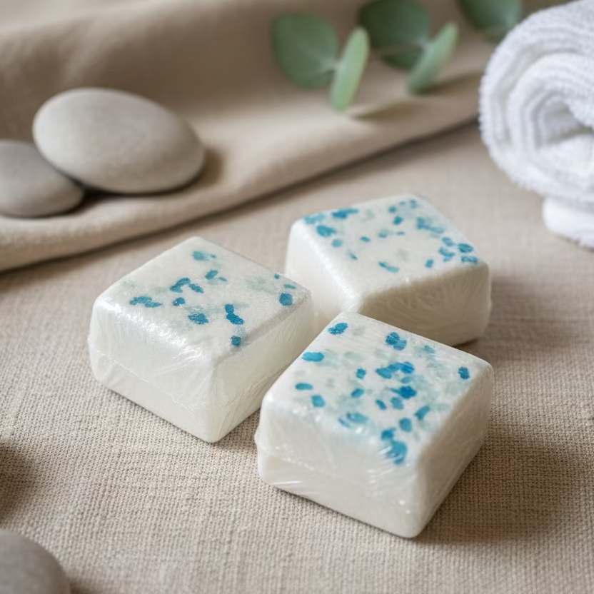 Three shower steamers with blue speckles on a purple textured surface