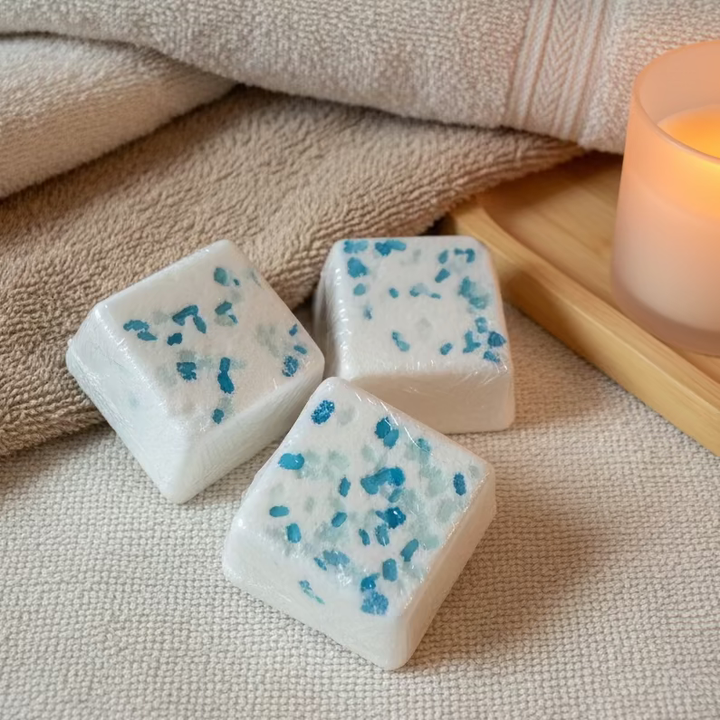 Three shower steamers with blue speckles on a purple textured surface