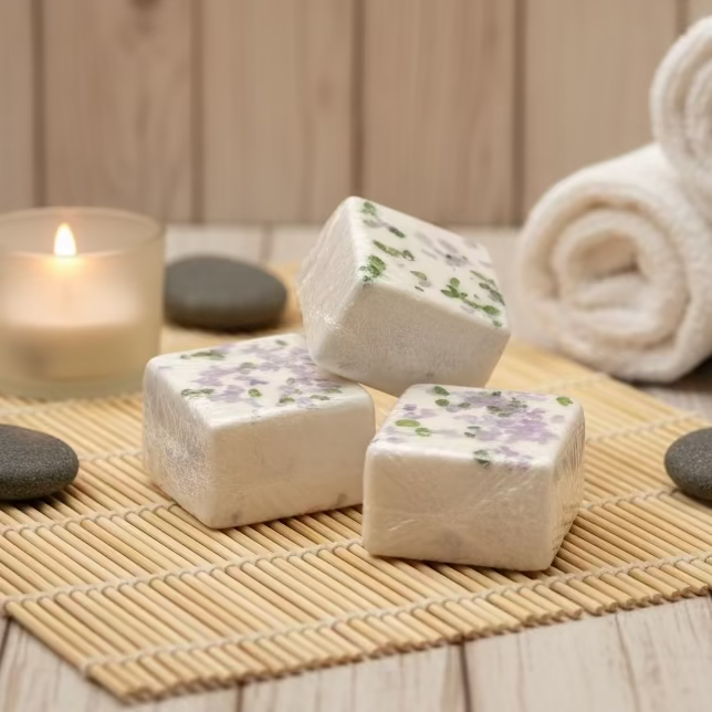 Three square shower steamers with purple and green toppings on a dark purple textured surface.
