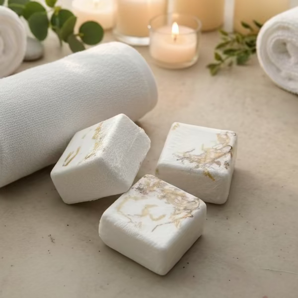 White towels, soap bars, and candles on a light surface with greenery.