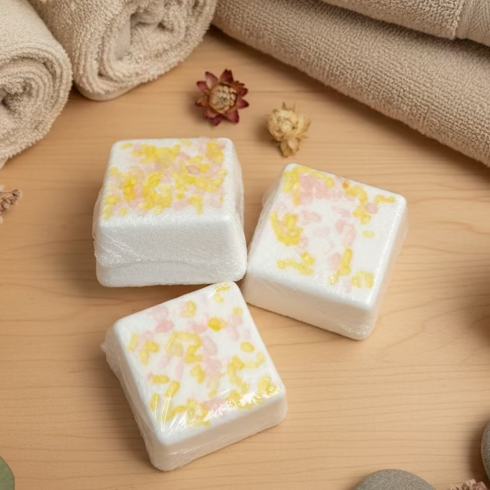 Three square shower steamers with yellow and pink sprinkles on a beige surface