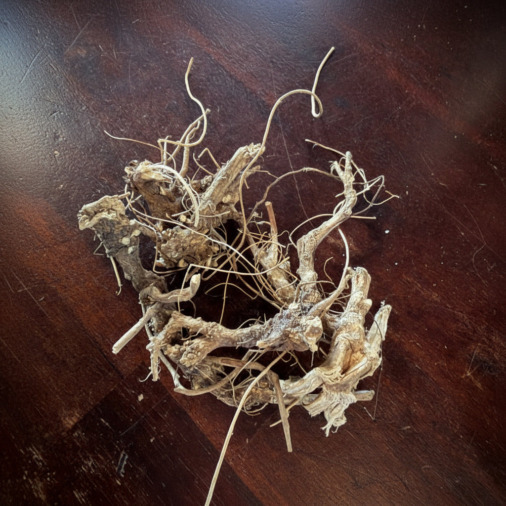 Dry roots or plant material on a wooden surface