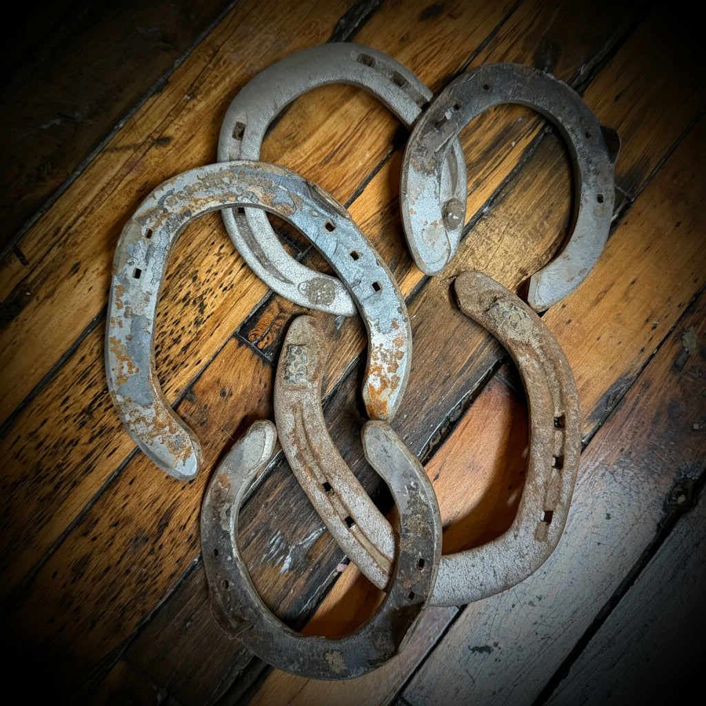 Old horseshoes on a wooden surface