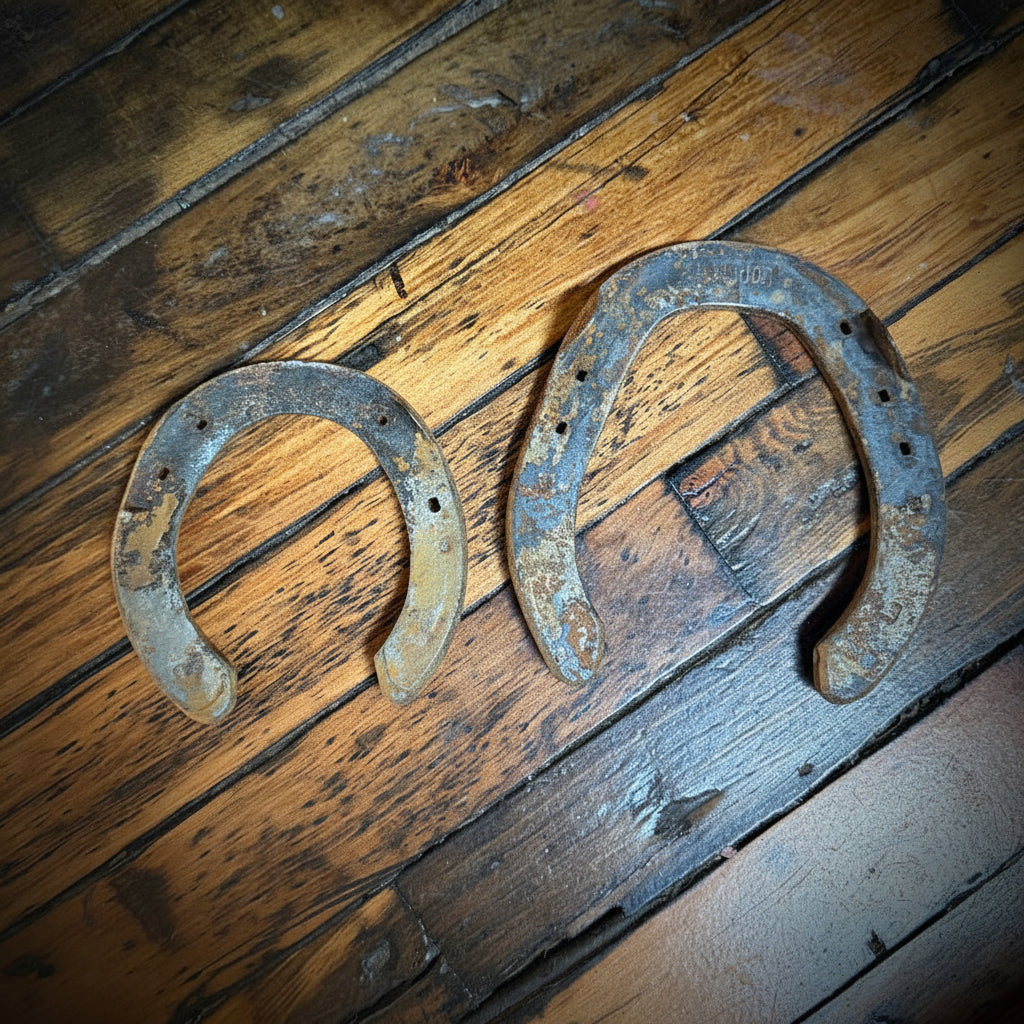 Rusty horseshoe on a wooden surface