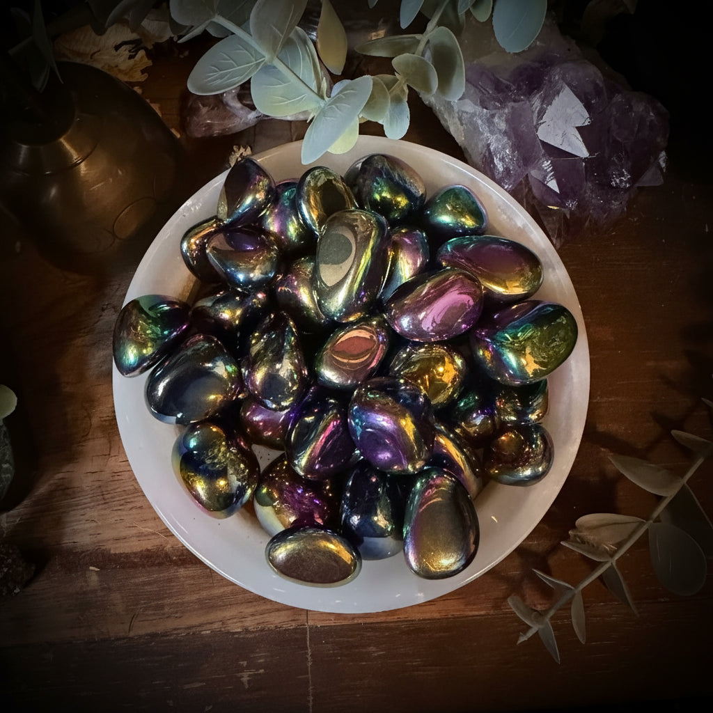 Iridescent stones in a white bowl on a wooden surface with plants and crystals.
