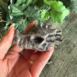 Hand holding a small metallic creature figure next to green leaves