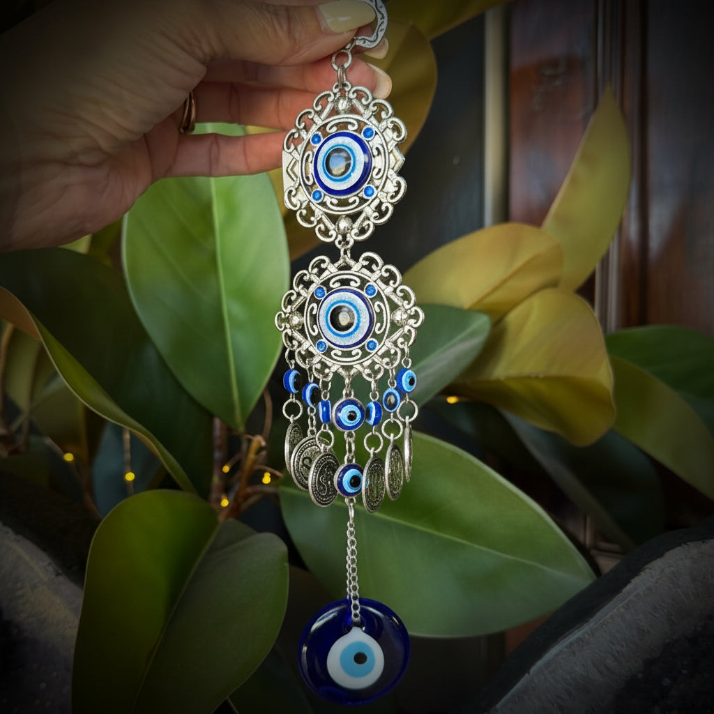 Hand holding a pair of silver and blue evil eye earrings with green leaves in the background