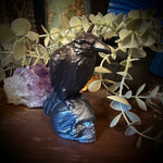 Decorative setting with birds, leaves, and a purple crystal on a wooden surface.