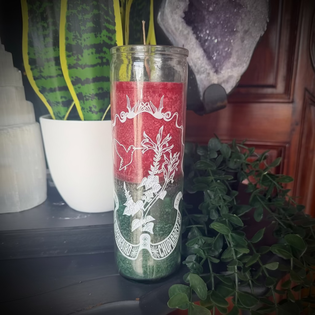 Decorative candle with red and green design on a shelf with plants and crystals.